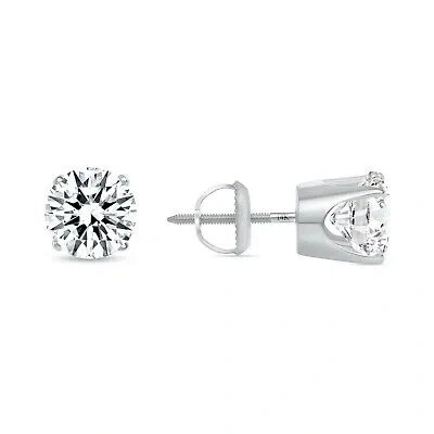 Pre-owned Shine Brite With A Diamond 4.00 Ct Round Cut Earrings Crown Set Studs Real Solid 14k White Gold Screw Back In White/colorless