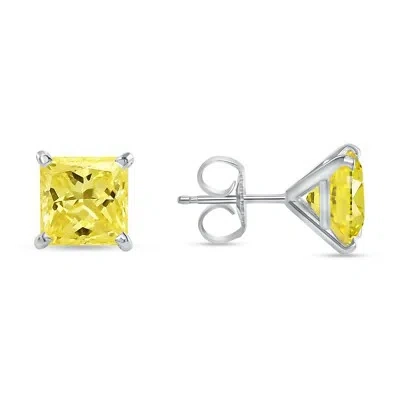 Pre-owned Shine Brite With A Diamond 4.5 Ct Princess Cut Canary Earrings Studs Solid 14k White Gold Push Back Martini