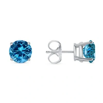 Pre-owned Shine Brite With A Diamond 4.50 Ct Round Cut Blue Earrings Studs Solid 14k White Gold Push Back Basket