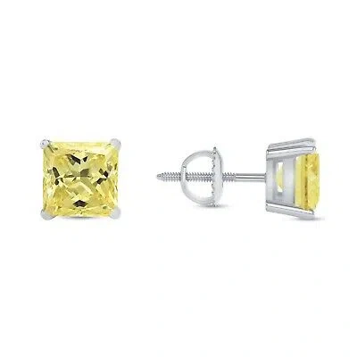 Pre-owned Shine Brite With A Diamond 5 Ct Princess Cut Canary Earrings Studs Solid 14k White Gold Screw Back Basket
