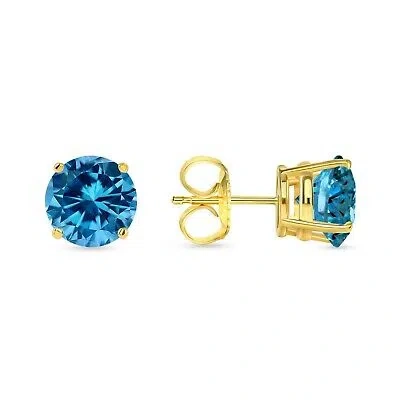 Pre-owned Shine Brite With A Diamond 5 Ct Round Cut Blue Earrings Studs Solid Real 14k Yellow Gold Push Back Basket