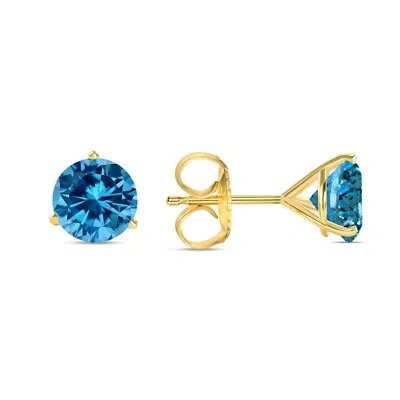 Pre-owned Shine Brite With A Diamond 5 Ct Round Cut Blue Earrings Studs Solid Real 14k Yellow Gold Push Back Martini