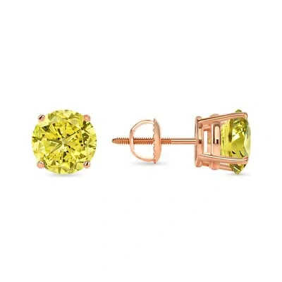 Pre-owned Shine Brite With A Diamond 5 Ct Round Cut Canary Earrings Studs Solid Real 14k Rose Gold Screw Back Basket In Pink