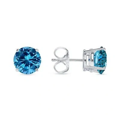 Pre-owned Shine Brite With A Diamond 5.50 Ct Round Cut Blue Earrings Studs Solid Real 950 Platinum Push Back Basket In White