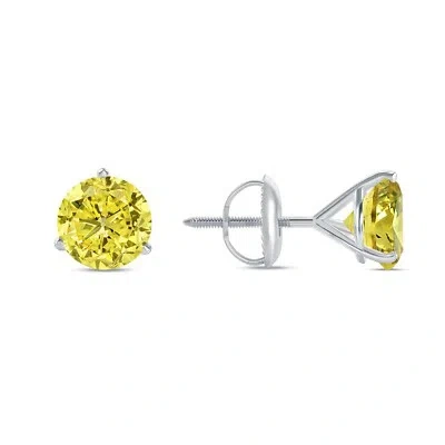 Pre-owned Shine Brite With A Diamond 6 Ct Round Canary Earrings Studs Solid Real 14k White Gold Screw Back Martini