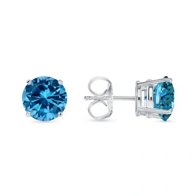Pre-owned Shine Brite With A Diamond 6 Ct Round Cut Blue Earrings Studs Solid Real 18k White Gold Push Back Basket
