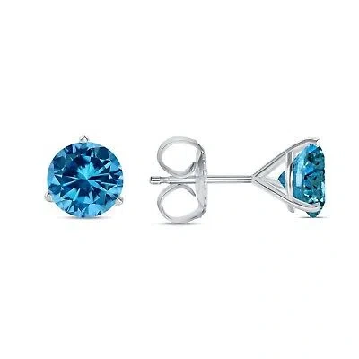 Pre-owned Shine Brite With A Diamond 6 Ct Round Cut Blue Earrings Studs Solid Real 18k White Gold Push Back Martini