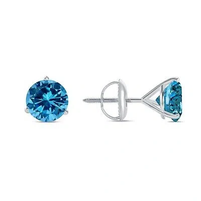 Pre-owned Shine Brite With A Diamond 6 Ct Round Cut Blue Earrings Studs Solid Real 18k White Gold Screw Back Martini