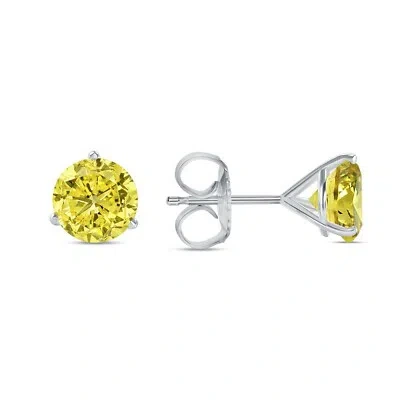 Pre-owned Shine Brite With A Diamond 6 Ct Round Cut Canary Earrings Studs Solid Real 14k White Gold Push Back Martini