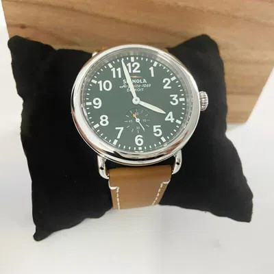 Pre-owned Shinola Men Women  Runwell Green And Quartz Watch Tan Leather Strap 41mm