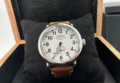 Pre-owned Shinola Runwell White Dial With Brown Leather Strap Watch 41mm Men Women