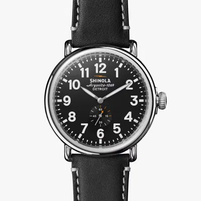 Pre-owned Shinola Runwell 41 Mm Black Dial With Black Leather Strap Quartz Men's Watch