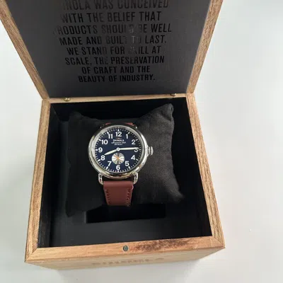 Pre-owned Shinola Runwell 41mm Blue Dial Reddish Leather Strap Quartz Watch