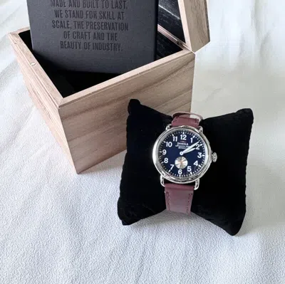 Pre-owned Shinola Runwell Midnight Blue Dial Red Leather Strap Mens Quartz Watch 41mm