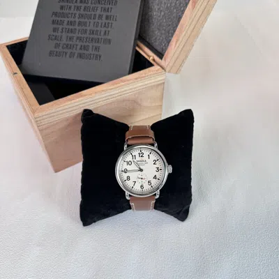 Pre-owned Shinola Runwell White Dial Tan Leather Strap Mens Quartz Watch 41mm