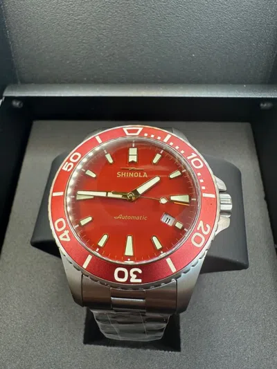 Pre-owned Shinola The Lava Lake Monster Automatic 43mm Red Dial Titanium Watch S0120291080