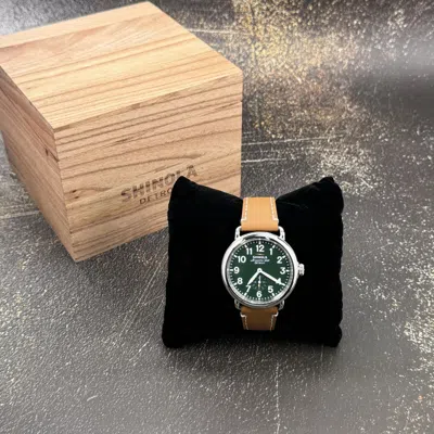 Pre-owned Shinola The Runwell 41mm Green Dial With Brown Leather Strap Men's Watch