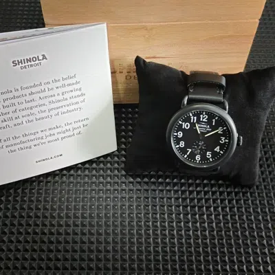 Pre-owned Shinola The Runwell Black Dial Black Leather Strap Chronograph Quartz Watch 41mm