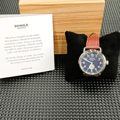 Pre-owned Shinola The Runwell Blue Dial Cattail Leather Strap Chronograph Quartz Watch 41m