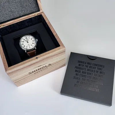 Pre-owned Shinola The Runwell-cream Dial Dark Nut Brown-leather Strap Men's Watch 41mm
