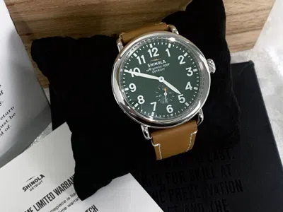 Pre-owned Shinola The Runwell Green Dial 41mm Argonite 1069 Tan Leather Strap Quartz Watch