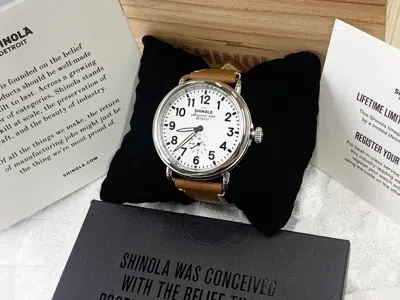 Pre-owned Shinola The Runwell White Dial 41mm Argonite 1069 Tan Leather Strap Quartz Watch
