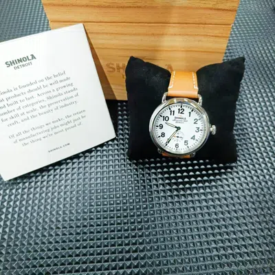 Pre-owned Shinola The Runwell White Dial Tan Leather Strap Chronograph Quartz Watch 41mm