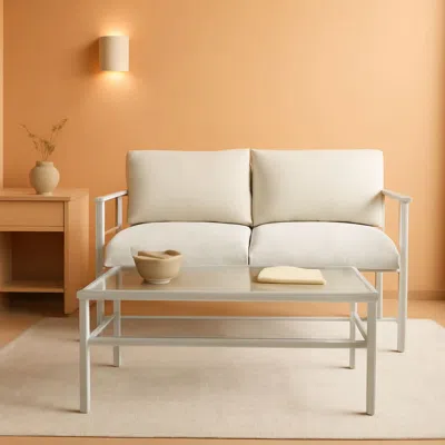 Shipitfurniture 2 Piece Outdoor Coffee Table And Loveseat Set Grey Frame Creme Cushions