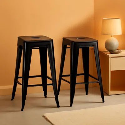Shipitfurniture 24 Inch Black Metal Bar Stools Set Of 2 Backless Indoor Outdoor Square Seat Counter Height