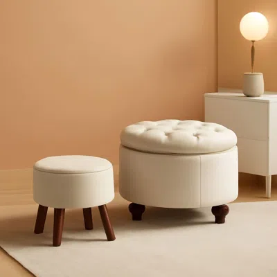Shipitfurniture 24 Inch Round Khaki Storage Ottoman Removable Top Cover
