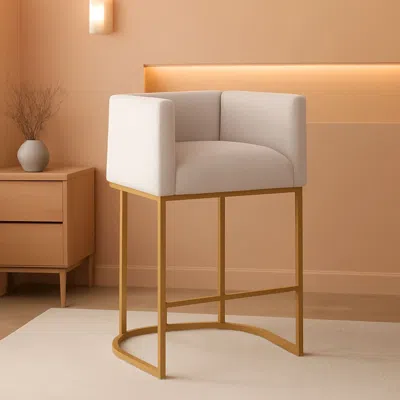 Shipitfurniture 27 Inch Counter Height Bar Stools With Backrest And Arms Gold Metal Frames Beige Linen Upholstery In White
