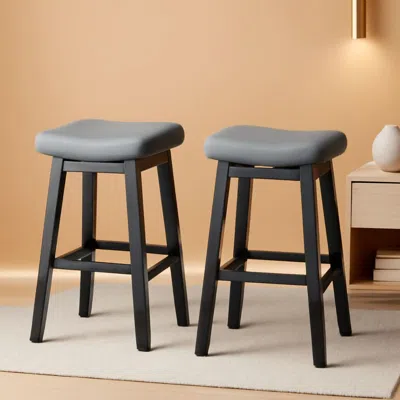 Shipitfurniture 29 Inch Bar Stools Set Of 2 All Black Bonded Leather Saddle Seats With Heavy Duty Metal Legs