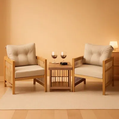 Shipitfurniture 3 Piece Acacia Wood Patio Furniture Set With Beige Pe Wicker Cushioned Chairs And Coffee Table