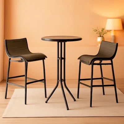 Shipitfurniture 3 Piece Bar Height Outdoor Bistro Set For 2 With Tan Chairs For Outdoor Patio Use