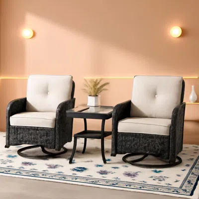 Shipitfurniture 3 Piece Black Wicker Patio Furniture Set With Swivel Rocker Chairs And Side Table Beige Cushions