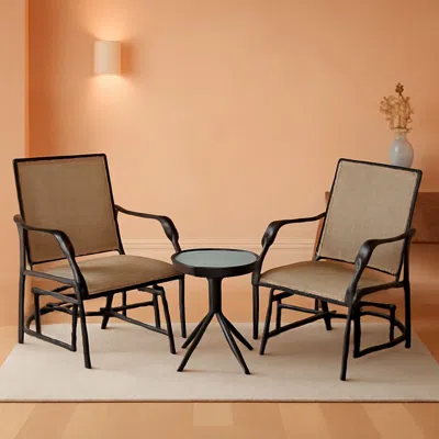 Shipitfurniture 3 Piece Outdoor Glider Chair Bistro Set With Two Sling Chairs And Glass Tabletop Mixed Brown