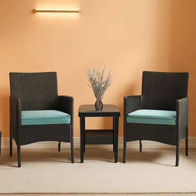Shipitfurniture 3 Piece Outdoor Patio Furniture Set With 2 Rattan Chairs And Blue Cushions For Porch And Garden