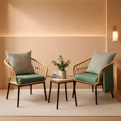 Shipitfurniture 3 Piece Outdoor Patio Furniture Set With Conversation Bistro Tempered Coffee Table And Green Wicker 