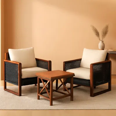 Shipitfurniture 3 Piece Outdoor Patio Furniture Set With Wicker Chairs And Coffee Table Washable Cushions Acacia Woo