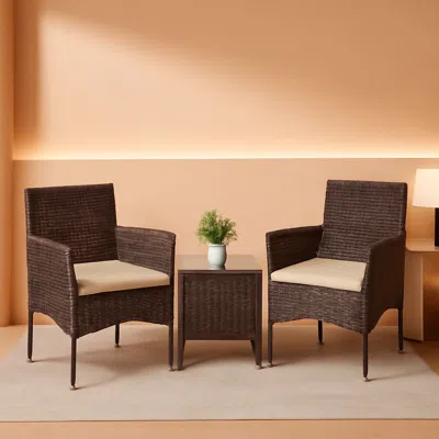 Shipitfurniture 3 Piece Patio Dining Pe Rattan Wicker Chair Set With Cushions And Glass Coffee Table Outdoor Brown B