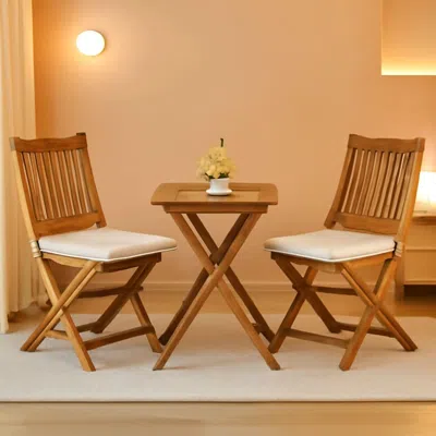 Shipitfurniture 3 Piece Patio Folding Bistro Set With 2 Cushions Acacia Wood Outdoor Furniture For Pool And Garden