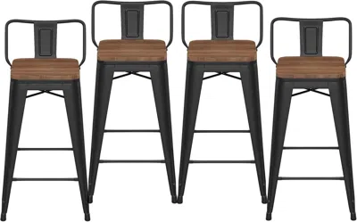 Shipitfurniture 30 Inch Low Back Metal Barstools With Wooden Seat In Multi