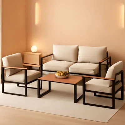 Shipitfurniture 4 Piece Patio Set With Coffee Table Beige Metal Frames And Washable Cushions