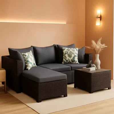 Shipitfurniture 5 Piece Patio Furniture Set Waterproof Rattan Grey Cushions