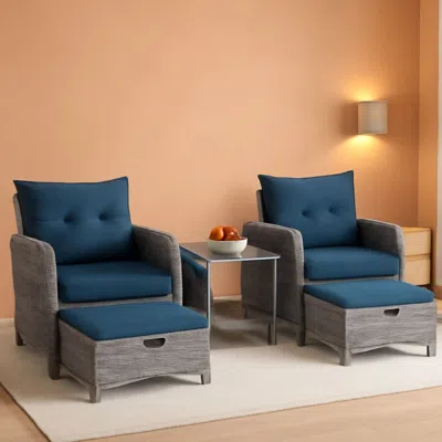 Shipitfurniture 5 Pieces Wicker Outdoor Patio Chairs Set With Ottoman Blue