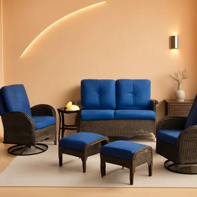 Shipitfurniture 6 Piece Patio Conversation Set Brown Wicker Blue Cushions