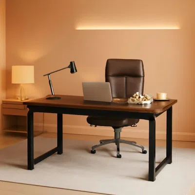 Shipitfurniture 63 Inch Executive Desk Two Tone Brown Black Heavy Duty Frame