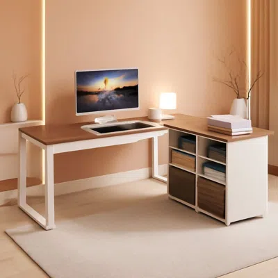 Shipitfurniture 63 Inch L Shaped Desk Reversible Cabinet Natural Oak Wood Finish In Neutral