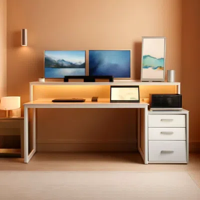 Shipitfurniture 67 Nch White Walnut Computer Desk With Led Lighting In Multi