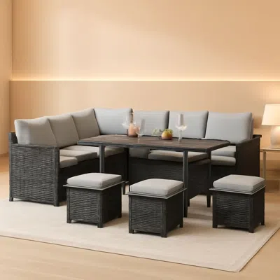 Shipitfurniture 7 Piece Outdoor Patio Sectional Set All Weather Wicker Grey Cushions